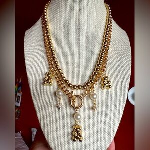Gold Teddy Bear & Pearl Charm Layered Necklace